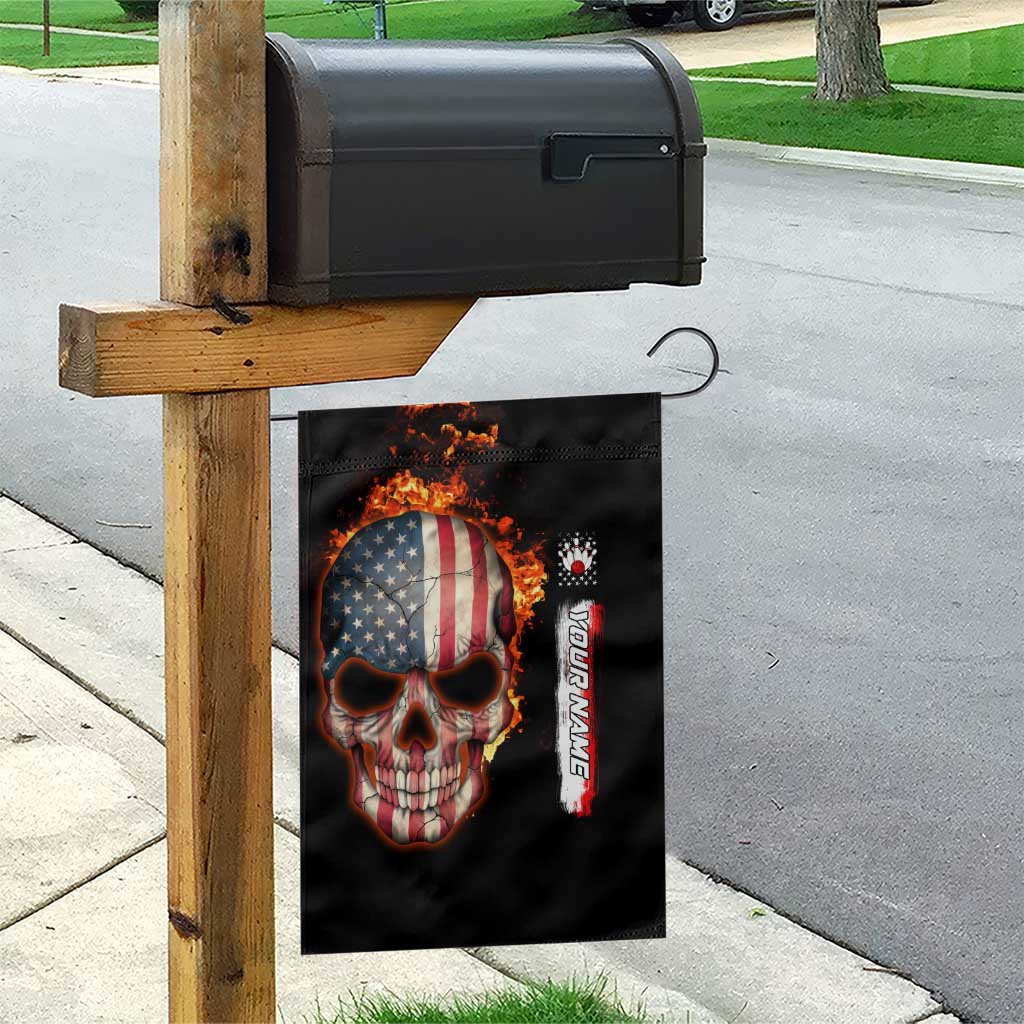 American Flag Skull Design Garden Flag with Bowling Elements and Fire Background with Custom Team Name Text - Wonder Print Shop