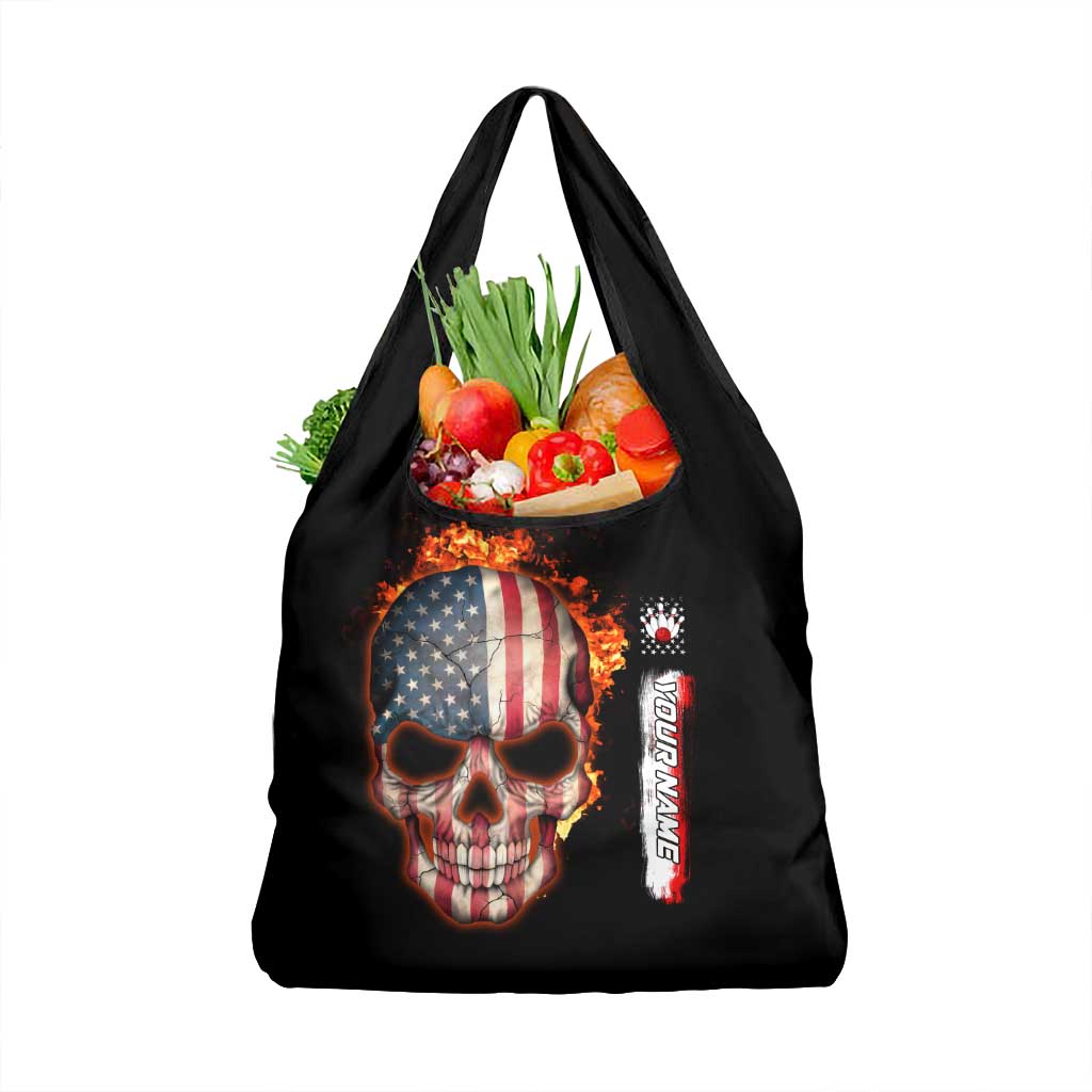 American Flag Skull Design Grocery Bag with Bowling Elements and Fire Background with Custom Team Name Text - Wonder Print Shop