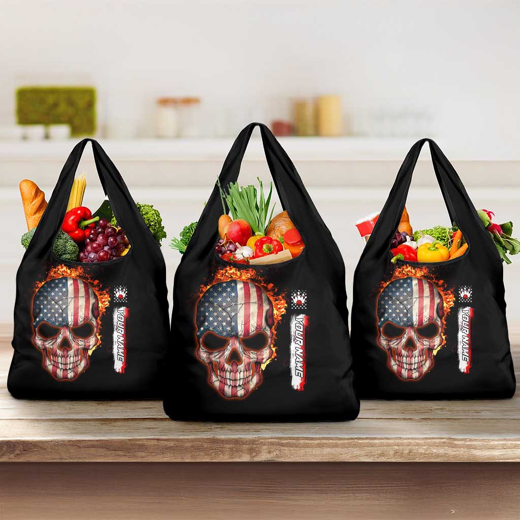 American Flag Skull Design Grocery Bag with Bowling Elements and Fire Background with Custom Team Name Text - Wonder Print Shop