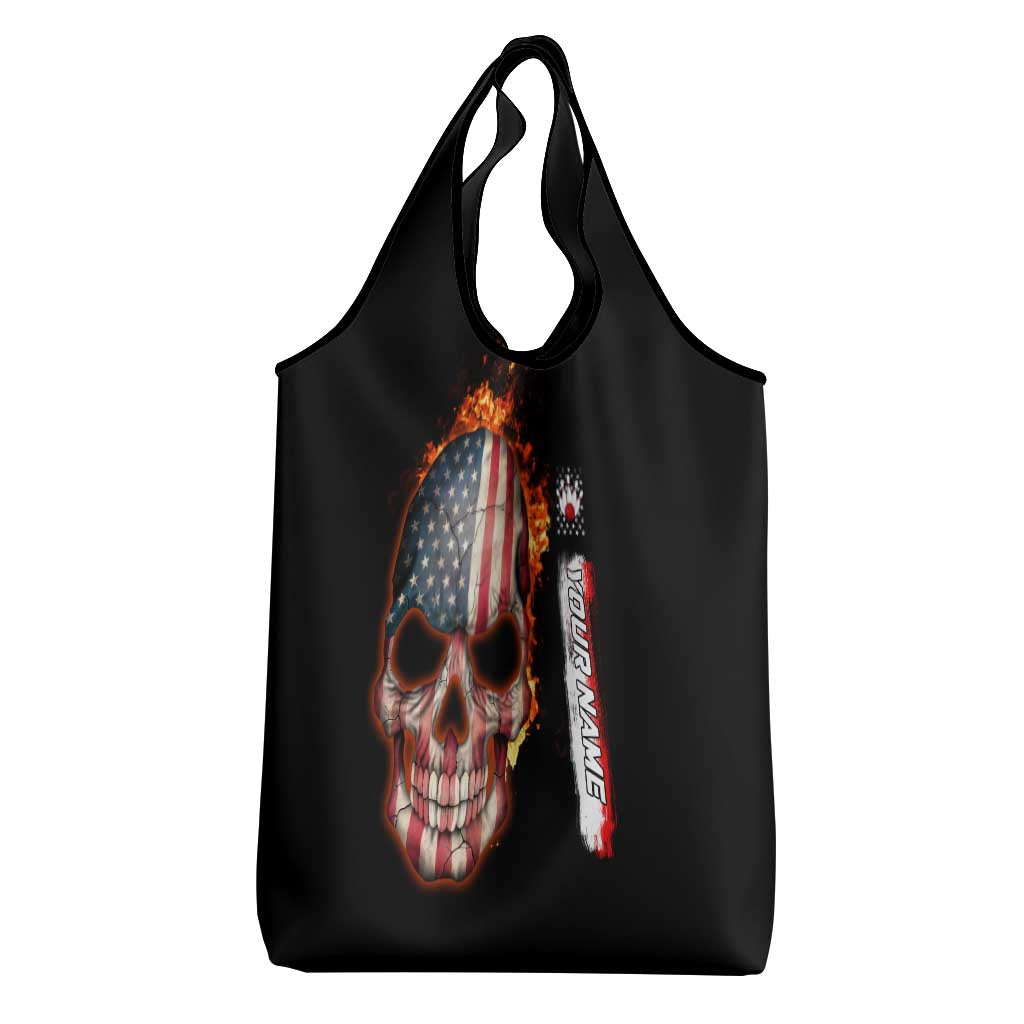 American Flag Skull Design Grocery Bag with Bowling Elements and Fire Background with Custom Team Name Text - Wonder Print Shop
