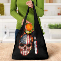 American Flag Skull Design Grocery Bag with Bowling Elements and Fire Background with Custom Team Name Text - Wonder Print Shop