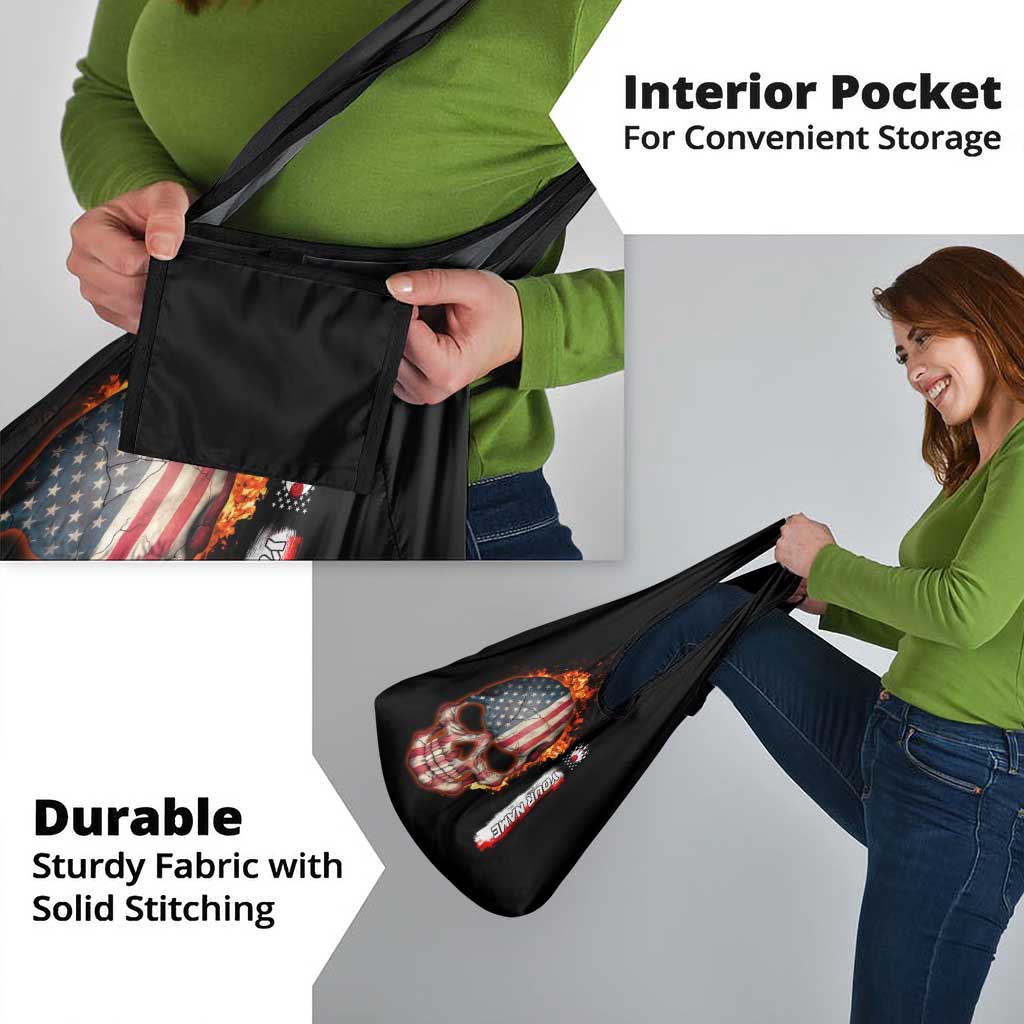 American Flag Skull Design Grocery Bag with Bowling Elements and Fire Background with Custom Team Name Text - Wonder Print Shop