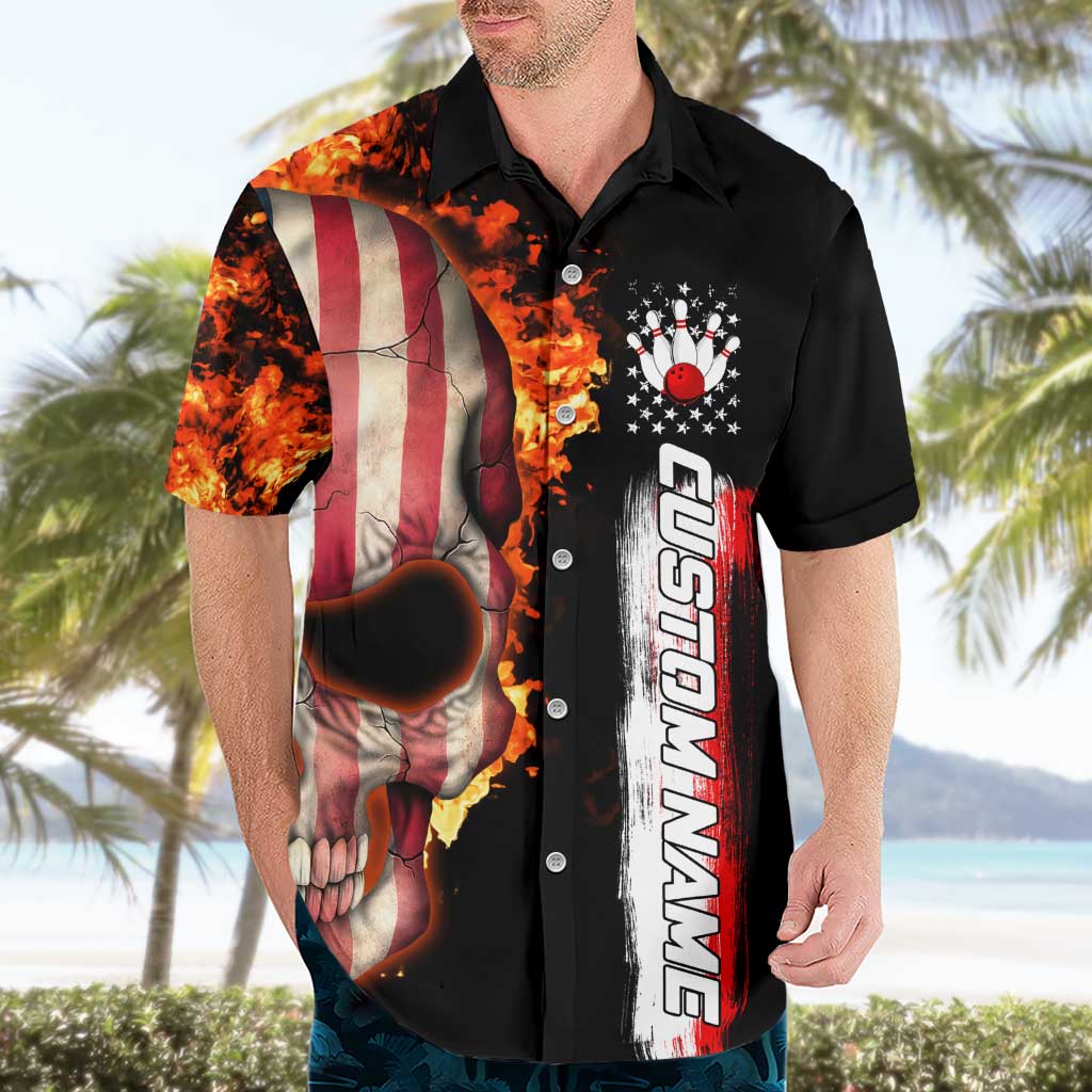 American Flag Skull Design Hawaiian Shirt with Bowling Elements and Fire Background with Custom Team Name Text - Wonder Print Shop