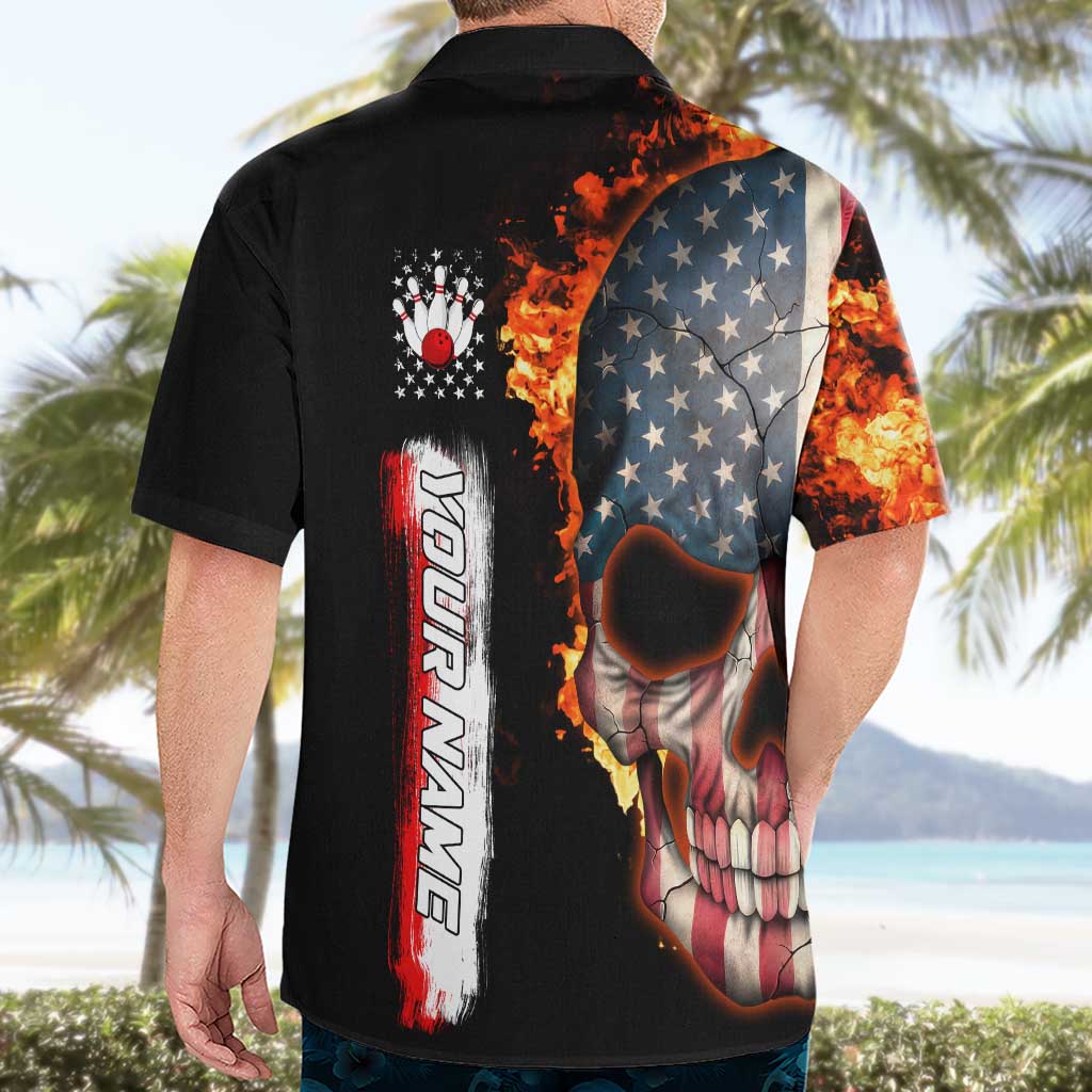 American Flag Skull Design Hawaiian Shirt with Bowling Elements and Fire Background with Custom Team Name Text - Wonder Print Shop