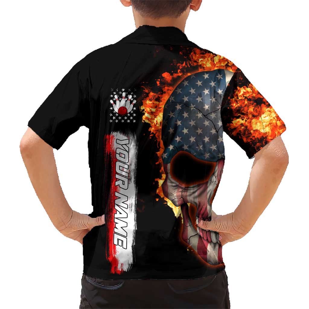 American Flag Skull Design Hawaiian Shirt with Bowling Elements and Fire Background with Custom Team Name Text - Wonder Print Shop