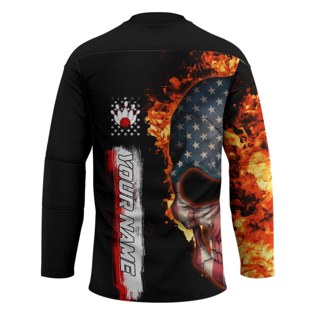 American Flag Skull Design Hockey Jersey with Bowling Elements and Fire Background with Custom Team Name Text - Wonder Print Shop