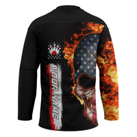 American Flag Skull Design Hockey Jersey with Bowling Elements and Fire Background with Custom Team Name Text - Wonder Print Shop