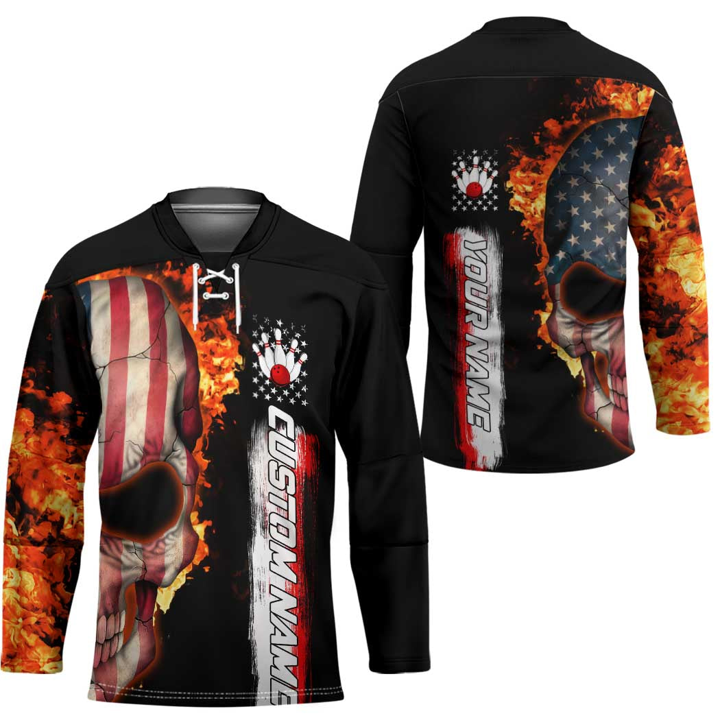 American Flag Skull Design Hockey Jersey with Bowling Elements and Fire Background with Custom Team Name Text - Wonder Print Shop