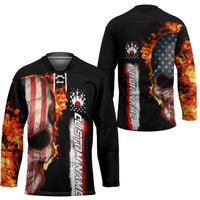 American Flag Skull Design Hockey Jersey with Bowling Elements and Fire Background with Custom Team Name Text - Wonder Print Shop