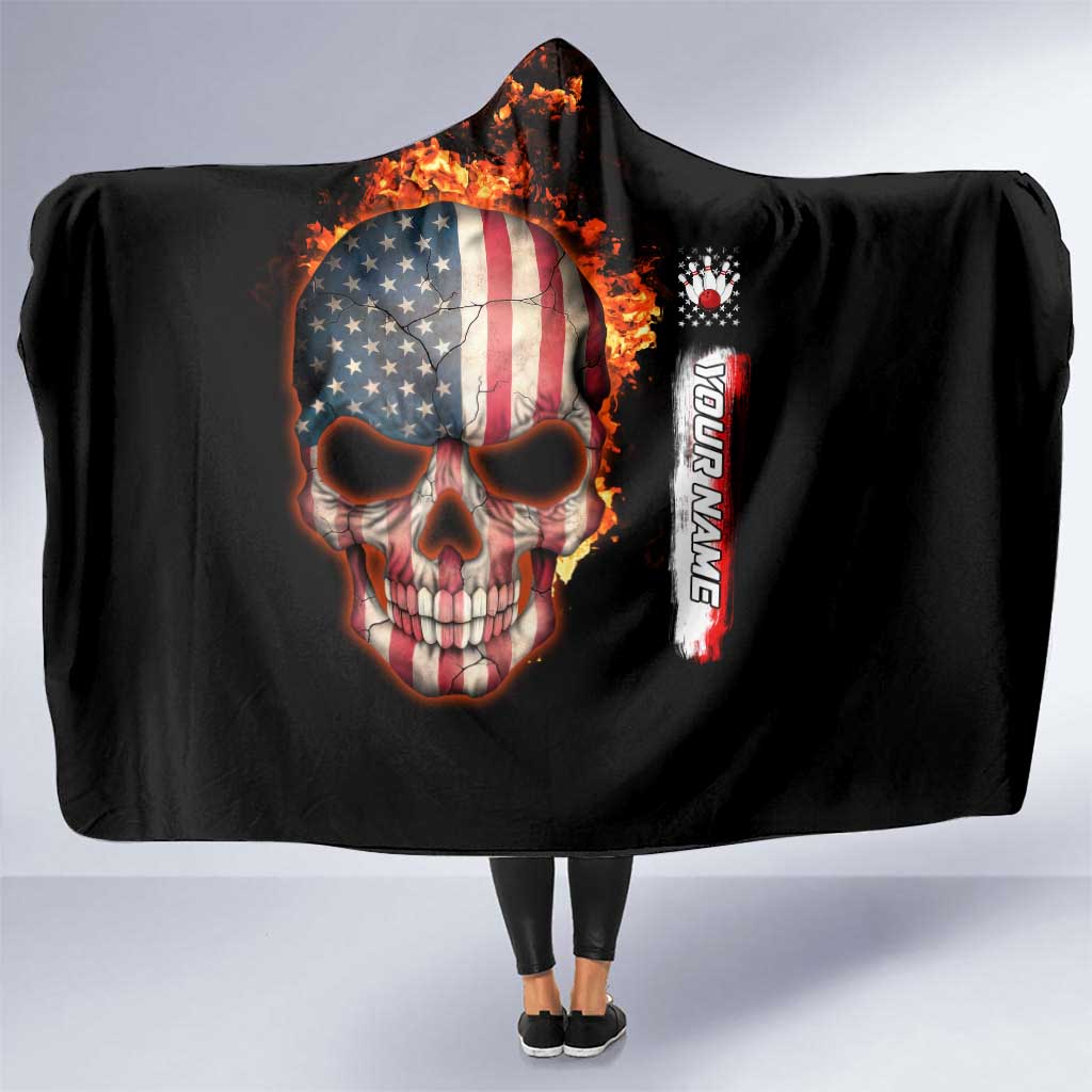 American Flag Skull Design Hooded Blanket with Bowling Elements and Fire Background with Custom Team Name Text - Wonder Print Shop
