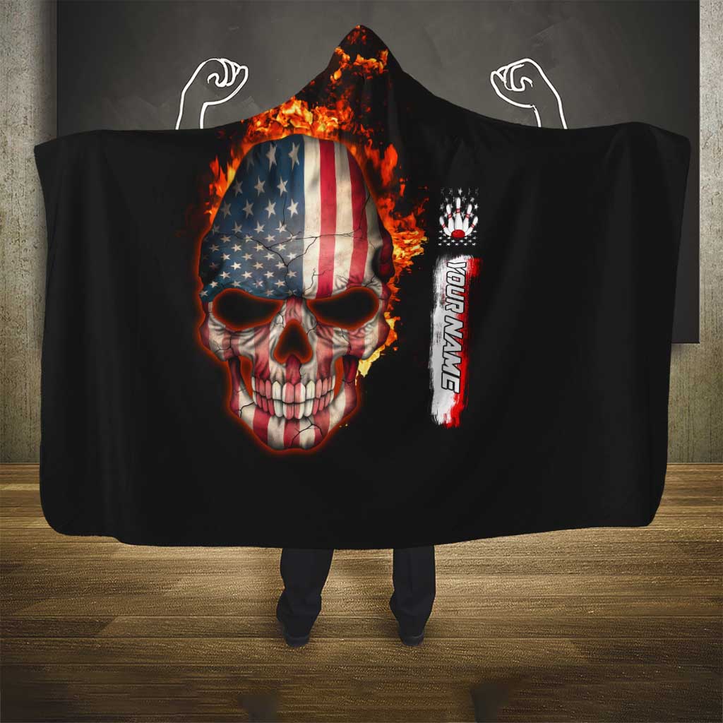 American Flag Skull Design Hooded Blanket with Bowling Elements and Fire Background with Custom Team Name Text - Wonder Print Shop