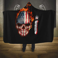 American Flag Skull Design Hooded Blanket with Bowling Elements and Fire Background with Custom Team Name Text - Wonder Print Shop