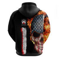 American Flag Skull Design Hoodie with Bowling Elements and Fire Background with Custom Team Name Text - Wonder Print Shop