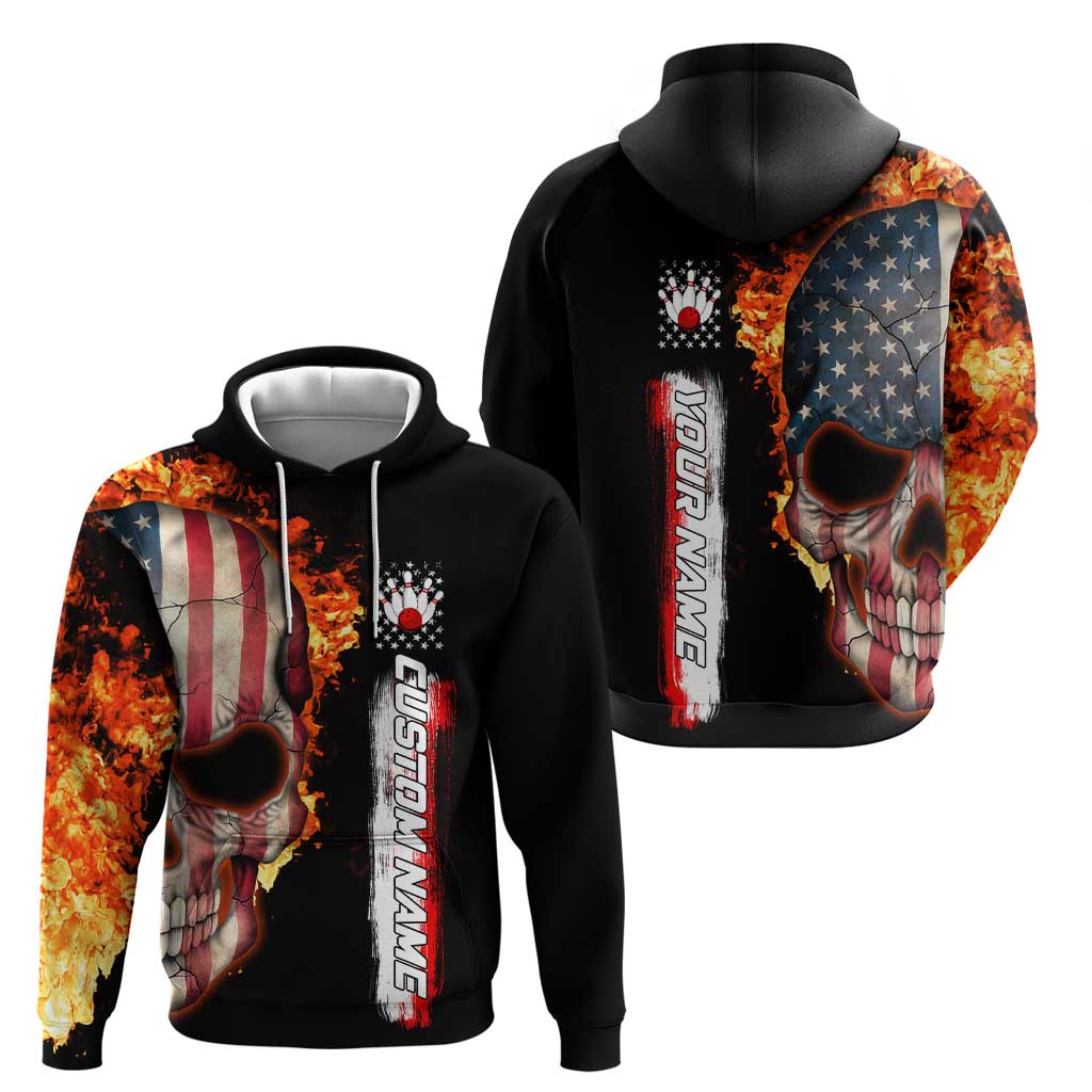American Flag Skull Design Hoodie with Bowling Elements and Fire Background with Custom Team Name Text - Wonder Print Shop