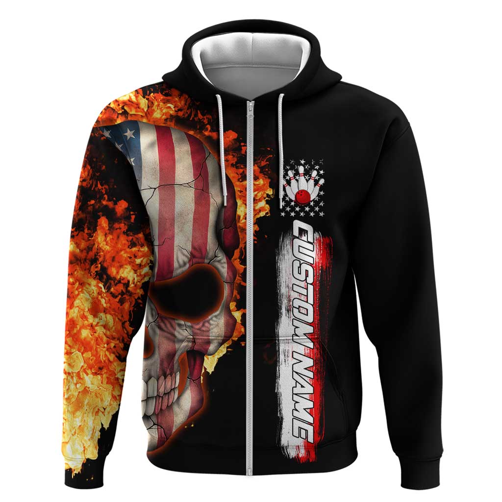 American Flag Skull Design Hoodie with Bowling Elements and Fire Background with Custom Team Name Text - Wonder Print Shop
