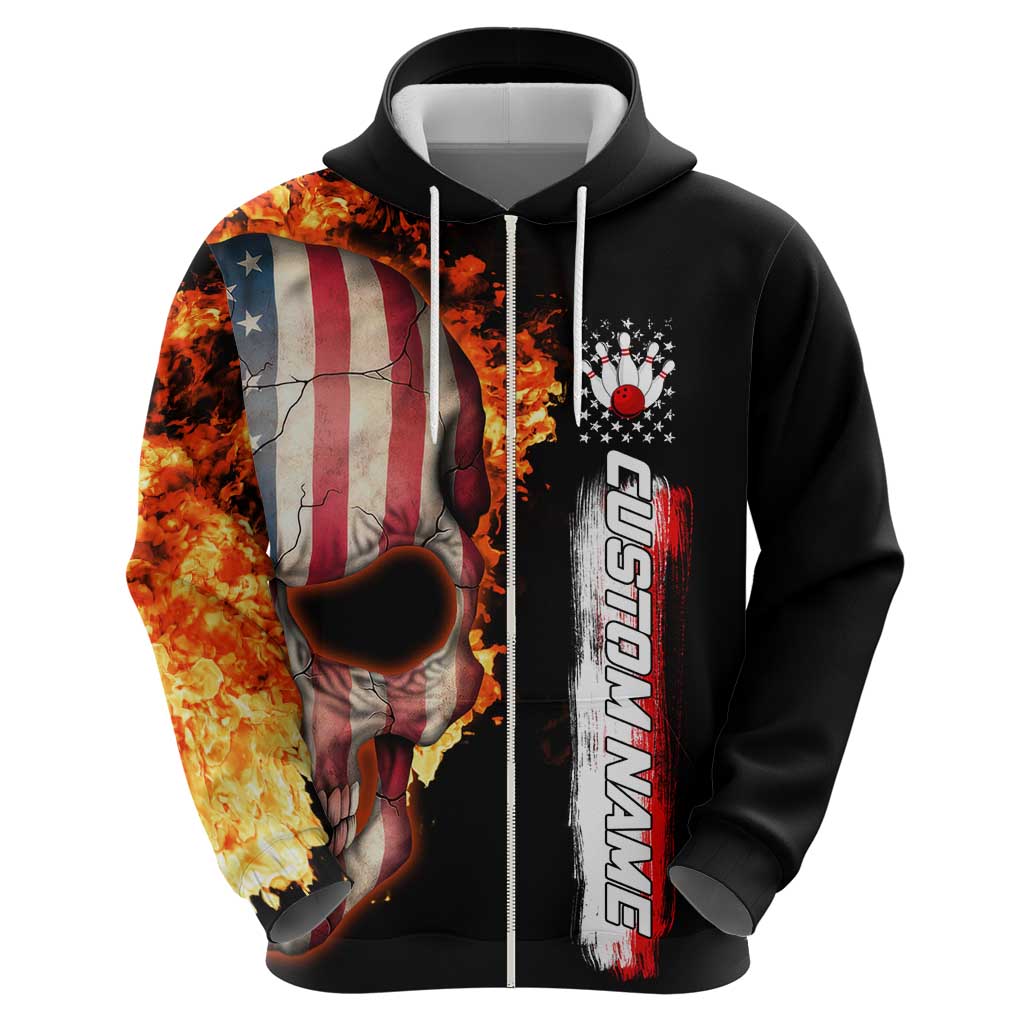 American Flag Skull Design Hoodie with Bowling Elements and Fire Background with Custom Team Name Text - Wonder Print Shop