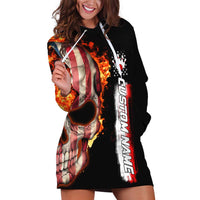 American Flag Skull Design Hoodie Dress with Bowling Elements and Fire Background with Custom Team Name Text - Wonder Print Shop