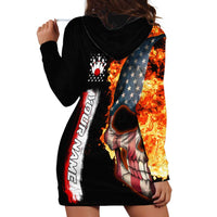 American Flag Skull Design Hoodie Dress with Bowling Elements and Fire Background with Custom Team Name Text - Wonder Print Shop