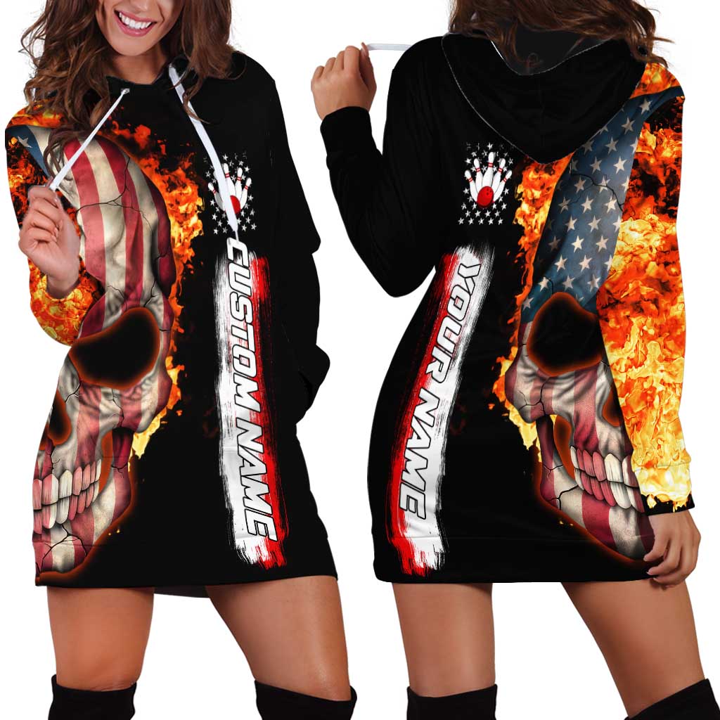 American Flag Skull Design Hoodie Dress with Bowling Elements and Fire Background with Custom Team Name Text - Wonder Print Shop