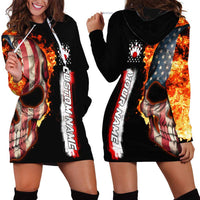 American Flag Skull Design Hoodie Dress with Bowling Elements and Fire Background with Custom Team Name Text - Wonder Print Shop