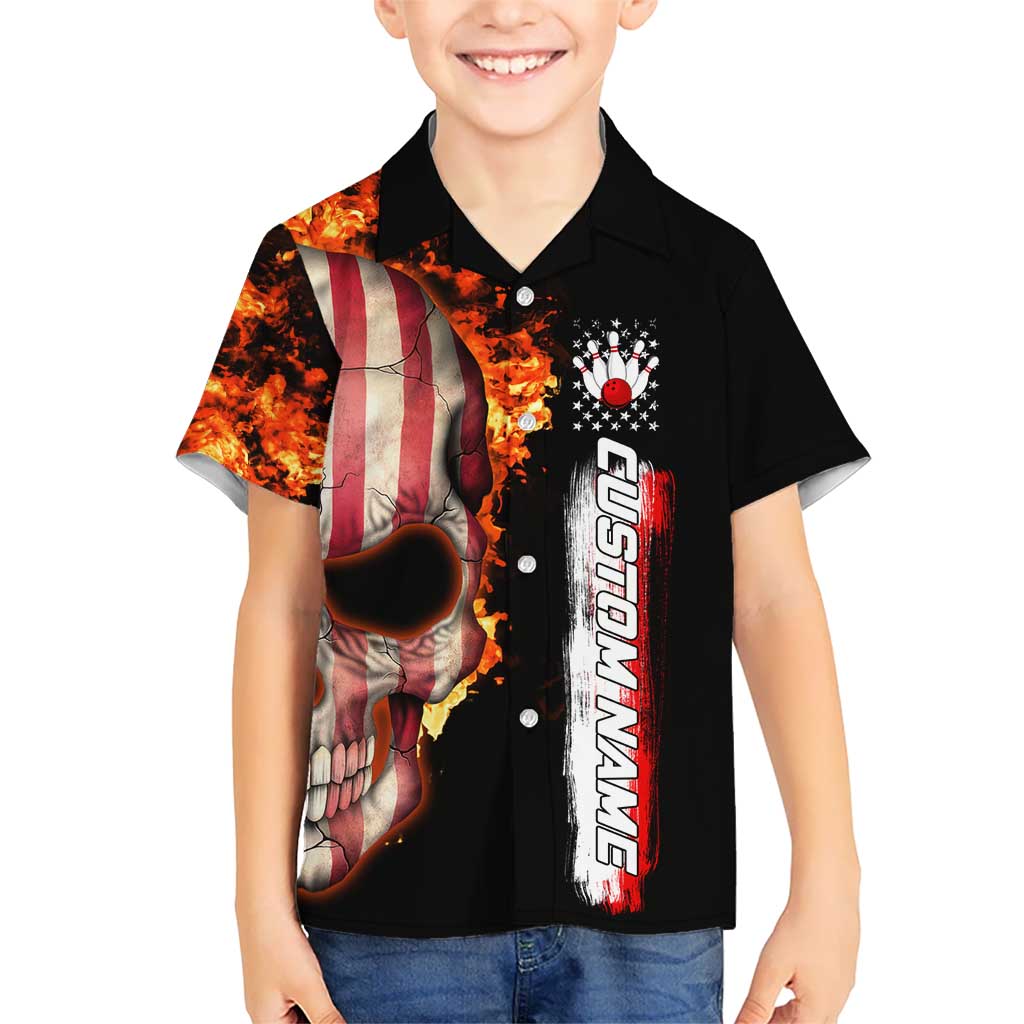 American Flag Skull Design Kid Hawaiian Shirt with Bowling Elements and Fire Background with Custom Team Name Text - Wonder Print Shop