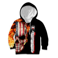 American Flag Skull Design Kid Hoodie with Bowling Elements and Fire Background with Custom Team Name Text - Wonder Print Shop