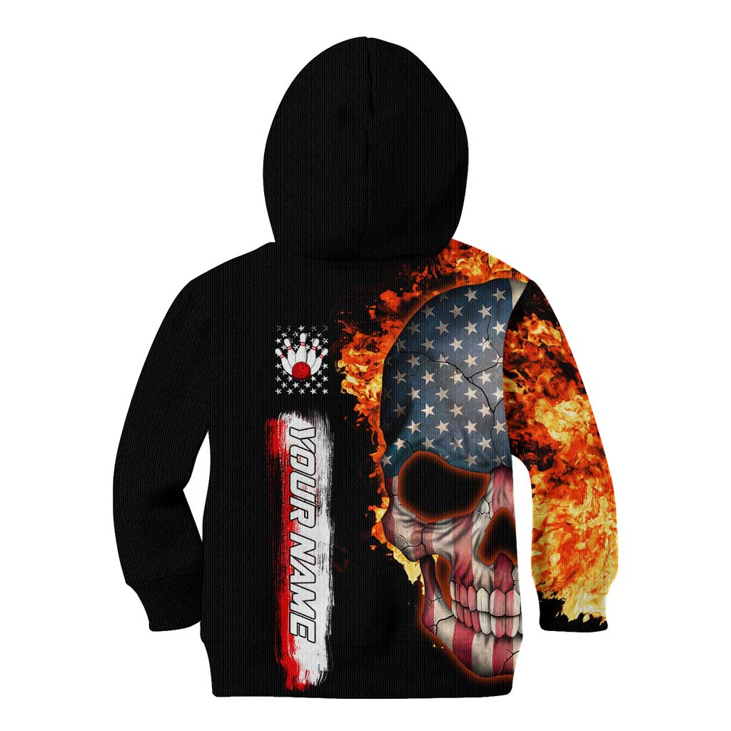 American Flag Skull Design Kid Hoodie with Bowling Elements and Fire Background with Custom Team Name Text - Wonder Print Shop