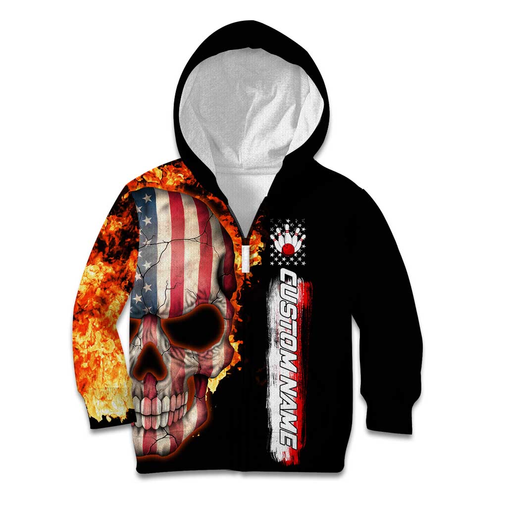 American Flag Skull Design Kid Hoodie with Bowling Elements and Fire Background with Custom Team Name Text - Wonder Print Shop