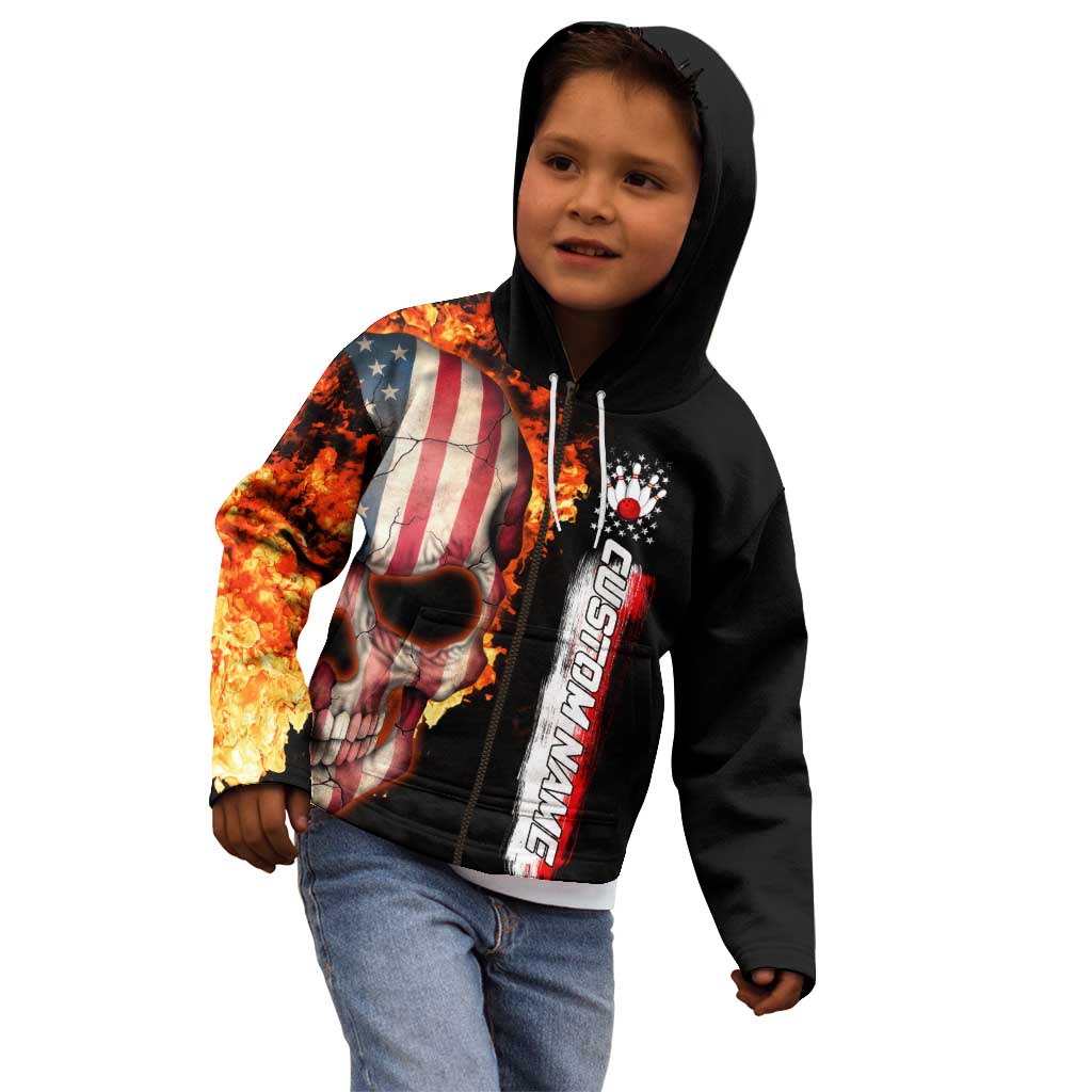 American Flag Skull Design Kid Hoodie with Bowling Elements and Fire Background with Custom Team Name Text - Wonder Print Shop
