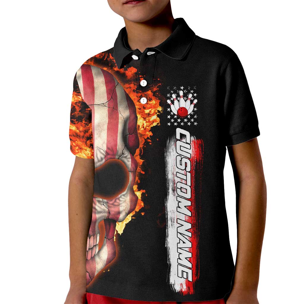 American Flag Skull Design Kid Polo Shirt with Bowling Elements and Fire Background with Custom Team Name Text - Wonder Print Shop