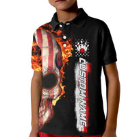 American Flag Skull Design Kid Polo Shirt with Bowling Elements and Fire Background with Custom Team Name Text - Wonder Print Shop