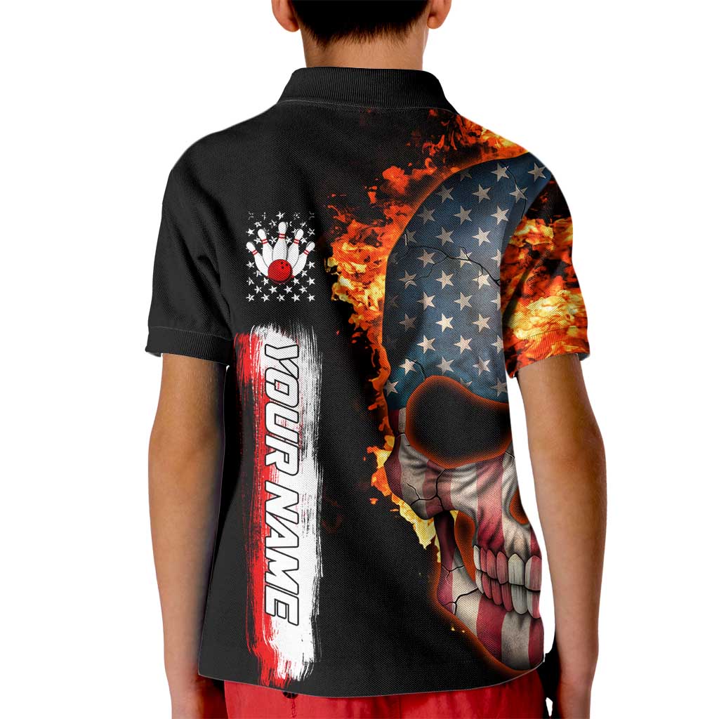American Flag Skull Design Kid Polo Shirt with Bowling Elements and Fire Background with Custom Team Name Text - Wonder Print Shop