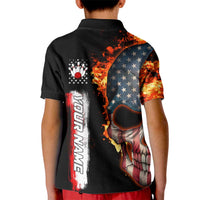 American Flag Skull Design Kid Polo Shirt with Bowling Elements and Fire Background with Custom Team Name Text - Wonder Print Shop