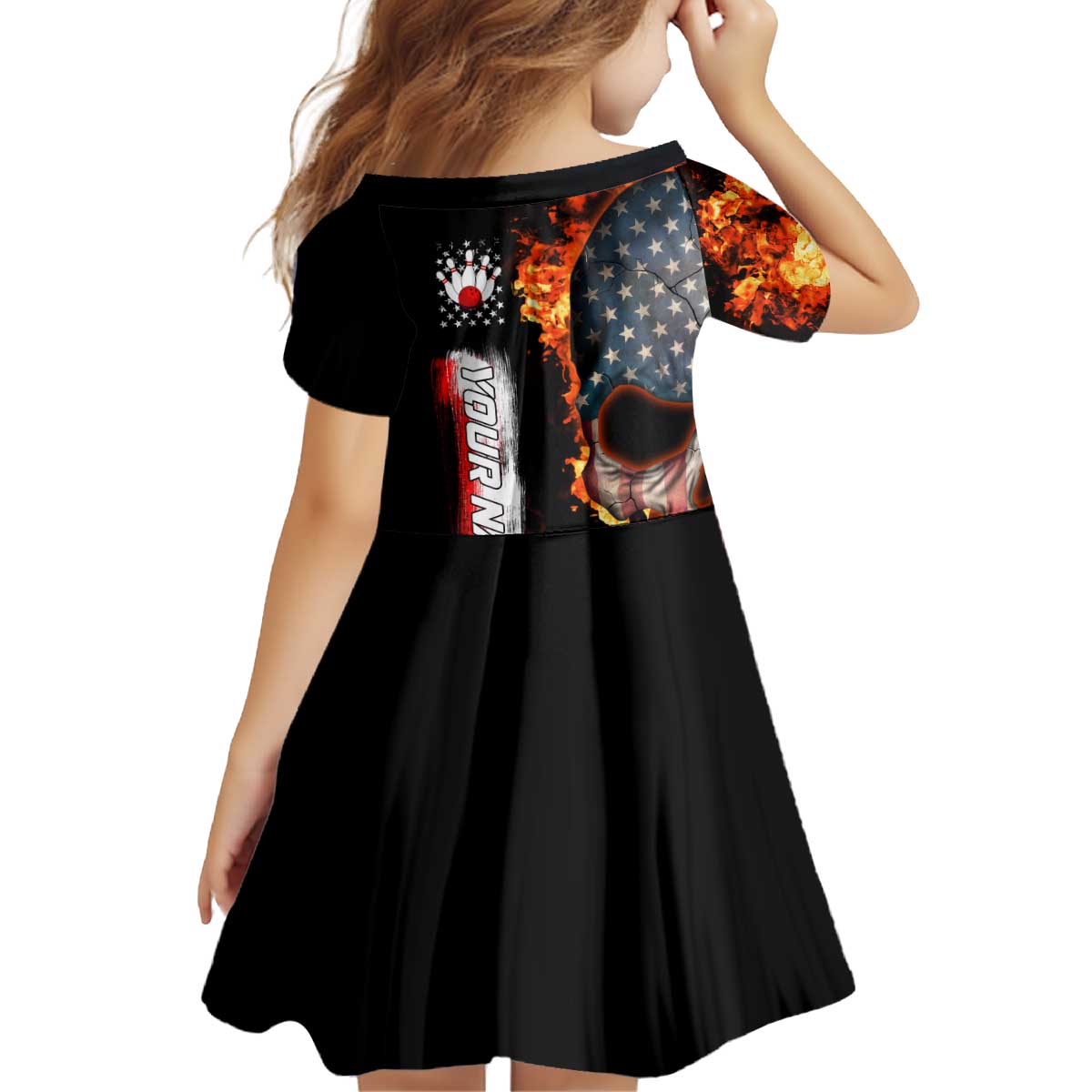 American Flag Skull Design Kid Short Sleeve Dress with Bowling Elements and Fire Background with Custom Team Name Text - Wonder Print Shop