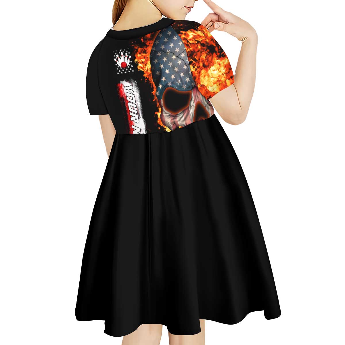 American Flag Skull Design Kid Short Sleeve Dress with Bowling Elements and Fire Background with Custom Team Name Text - Wonder Print Shop