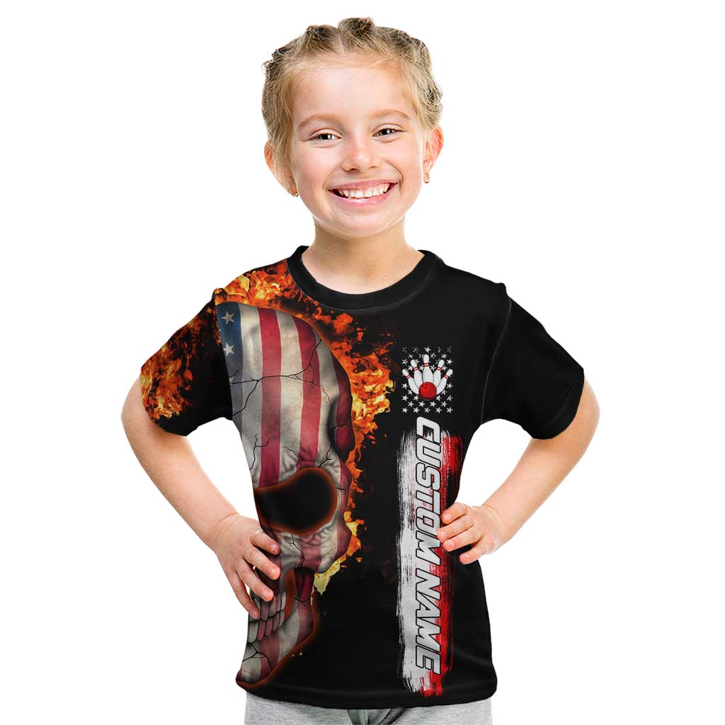American Flag Skull Design Kid T Shirt with Bowling Elements and Fire Background with Custom Team Name Text - Wonder Print Shop