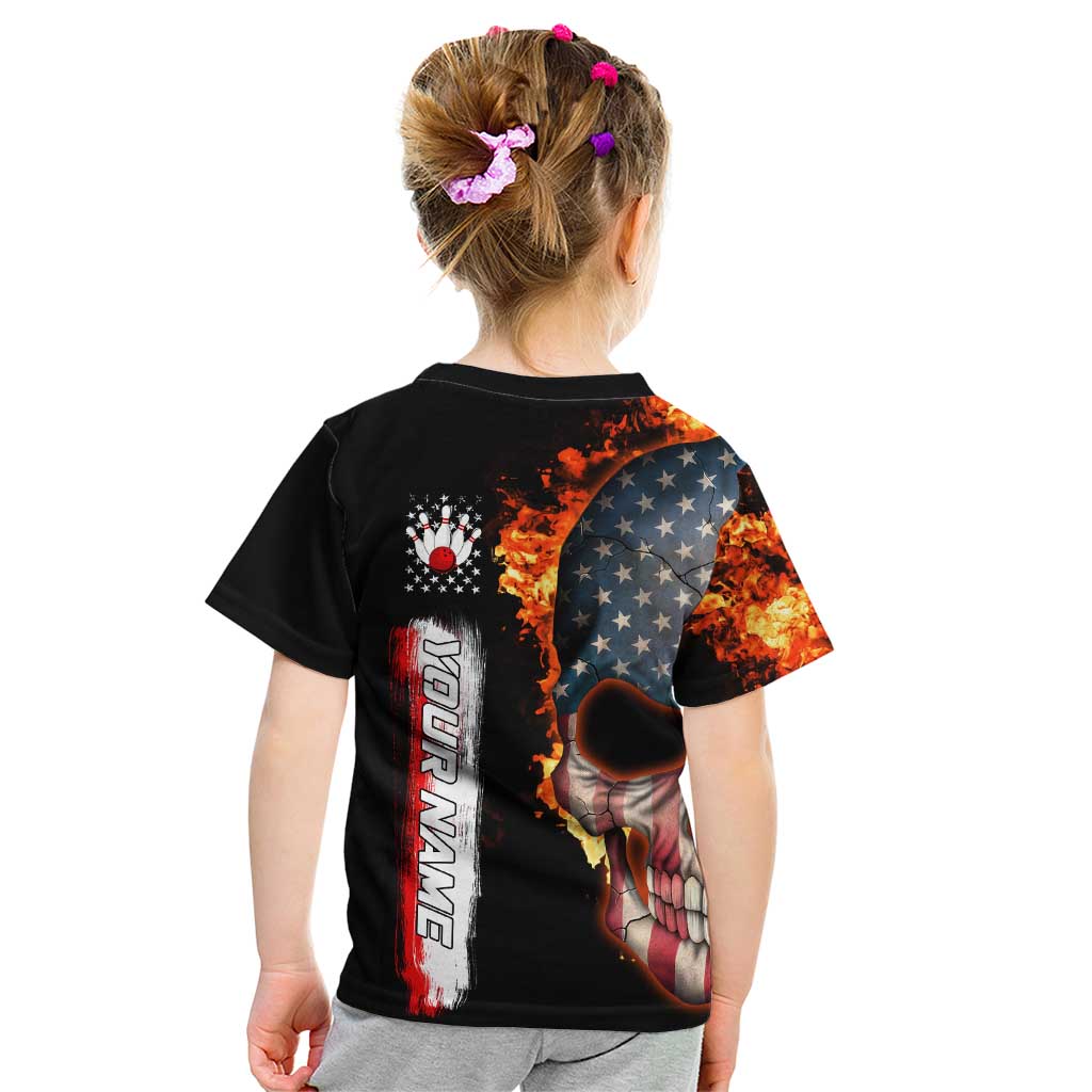 American Flag Skull Design Kid T Shirt with Bowling Elements and Fire Background with Custom Team Name Text - Wonder Print Shop