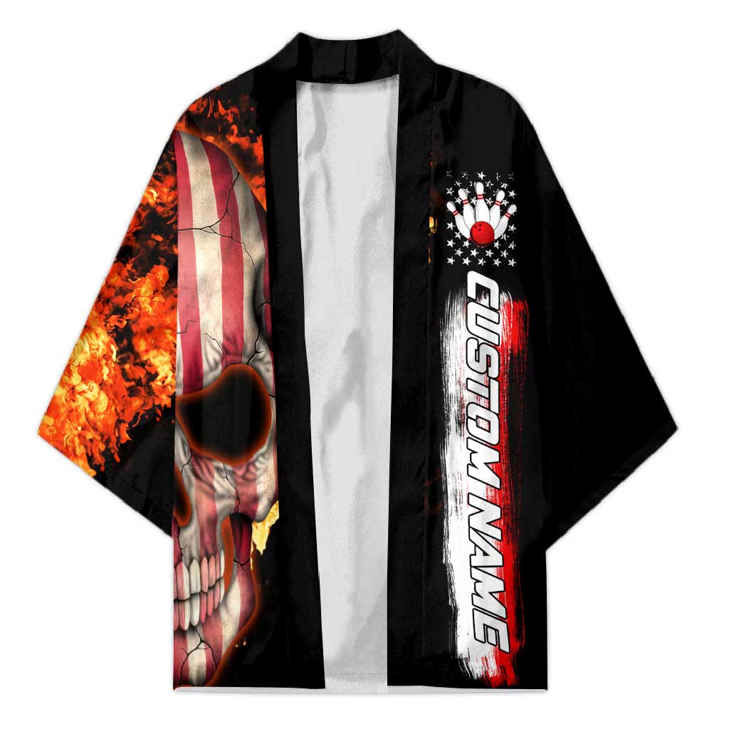 American Flag Skull Design Kimono with Bowling Elements and Fire Background with Custom Team Name Text - Wonder Print Shop