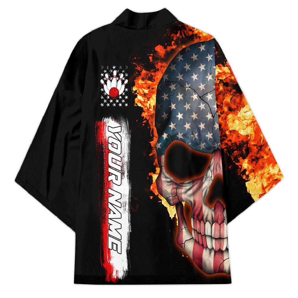 American Flag Skull Design Kimono with Bowling Elements and Fire Background with Custom Team Name Text - Wonder Print Shop
