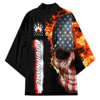 American Flag Skull Design Kimono with Bowling Elements and Fire Background with Custom Team Name Text - Wonder Print Shop