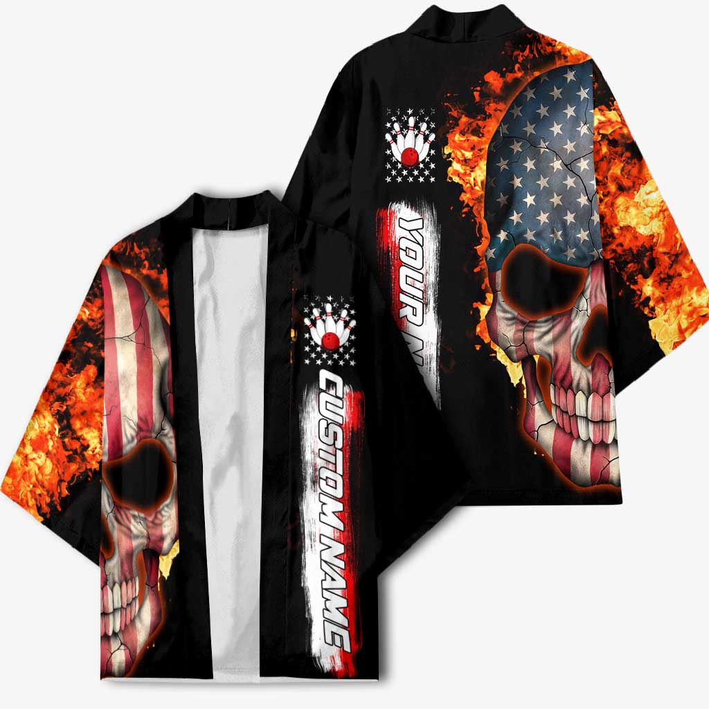 American Flag Skull Design Kimono with Bowling Elements and Fire Background with Custom Team Name Text - Wonder Print Shop