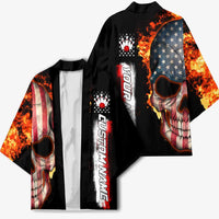American Flag Skull Design Kimono with Bowling Elements and Fire Background with Custom Team Name Text - Wonder Print Shop