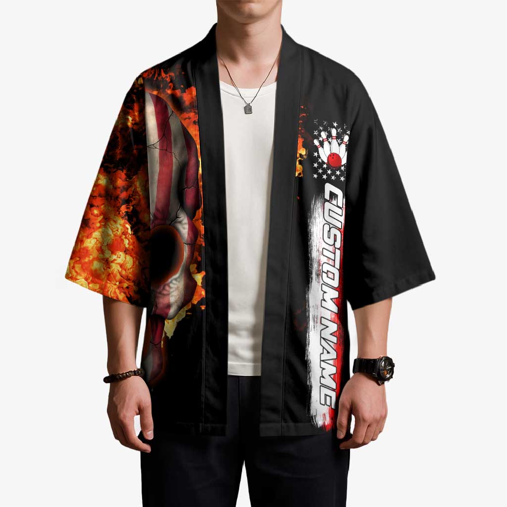 American Flag Skull Design Kimono with Bowling Elements and Fire Background with Custom Team Name Text - Wonder Print Shop