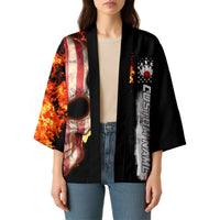 American Flag Skull Design Kimono with Bowling Elements and Fire Background with Custom Team Name Text - Wonder Print Shop