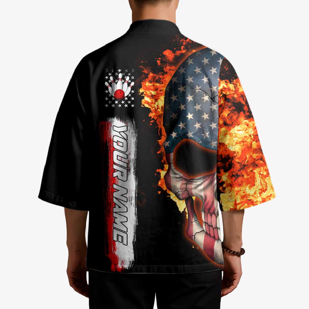 American Flag Skull Design Kimono with Bowling Elements and Fire Background with Custom Team Name Text - Wonder Print Shop
