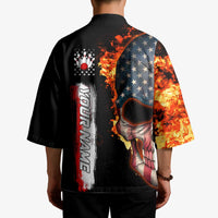 American Flag Skull Design Kimono with Bowling Elements and Fire Background with Custom Team Name Text - Wonder Print Shop