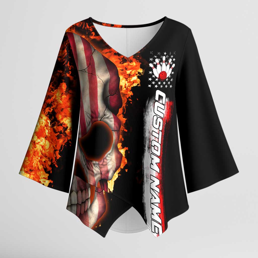 American Flag Skull Design Kimono Sleeve Blouse with Bowling Elements and Fire Background with Custom Team Name Text - Wonder Print Shop