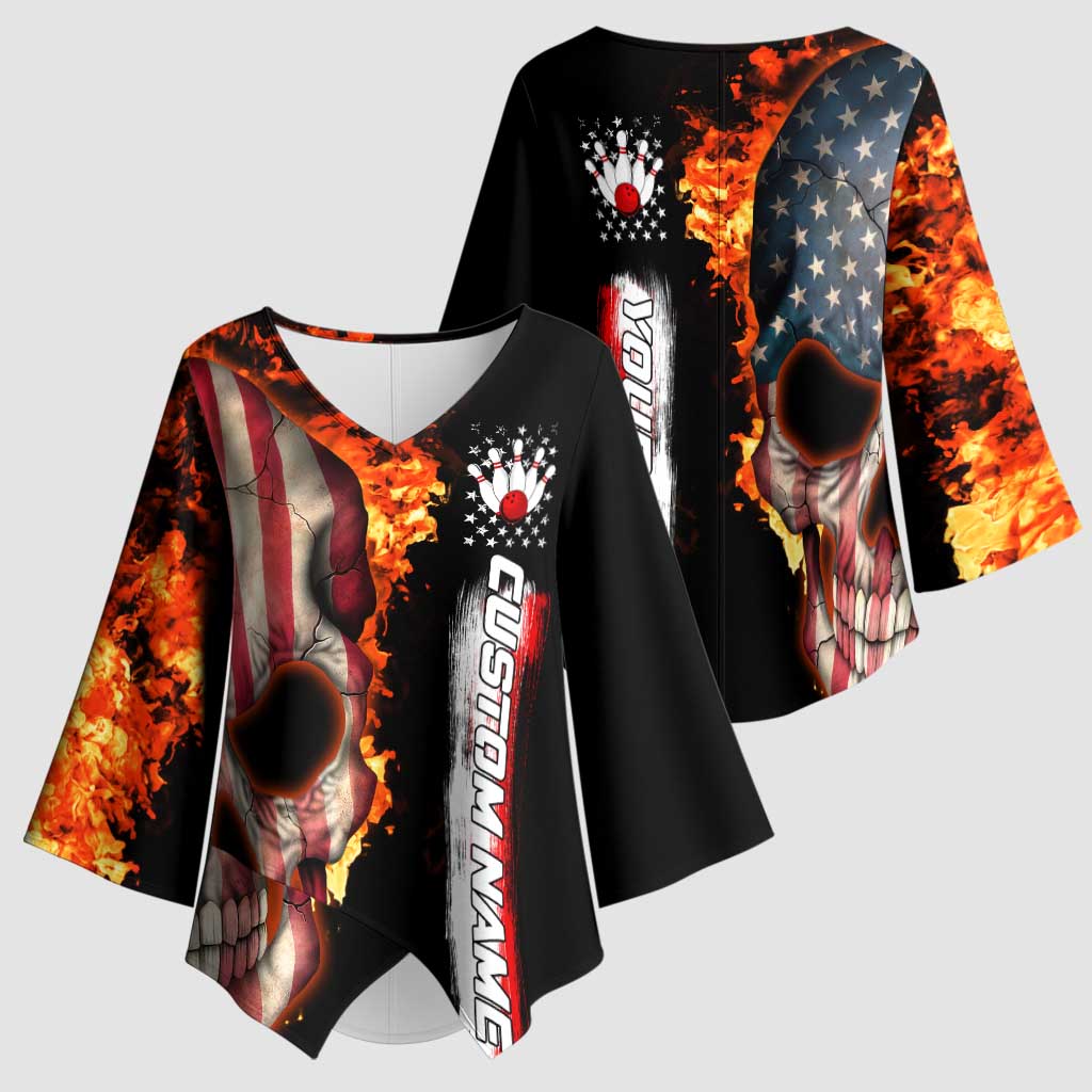 American Flag Skull Design Kimono Sleeve Blouse with Bowling Elements and Fire Background with Custom Team Name Text - Wonder Print Shop