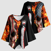 American Flag Skull Design Kimono Sleeve Blouse with Bowling Elements and Fire Background with Custom Team Name Text - Wonder Print Shop