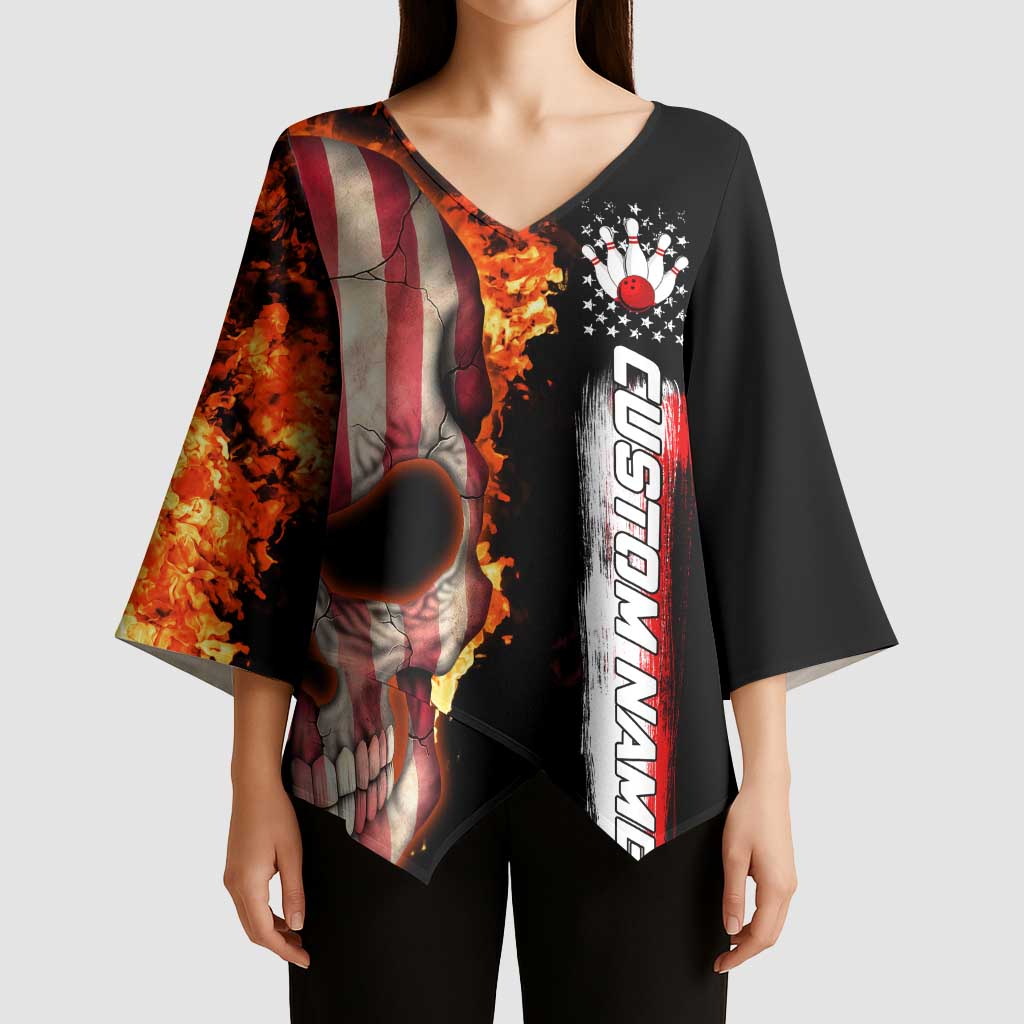 American Flag Skull Design Kimono Sleeve Blouse with Bowling Elements and Fire Background with Custom Team Name Text - Wonder Print Shop